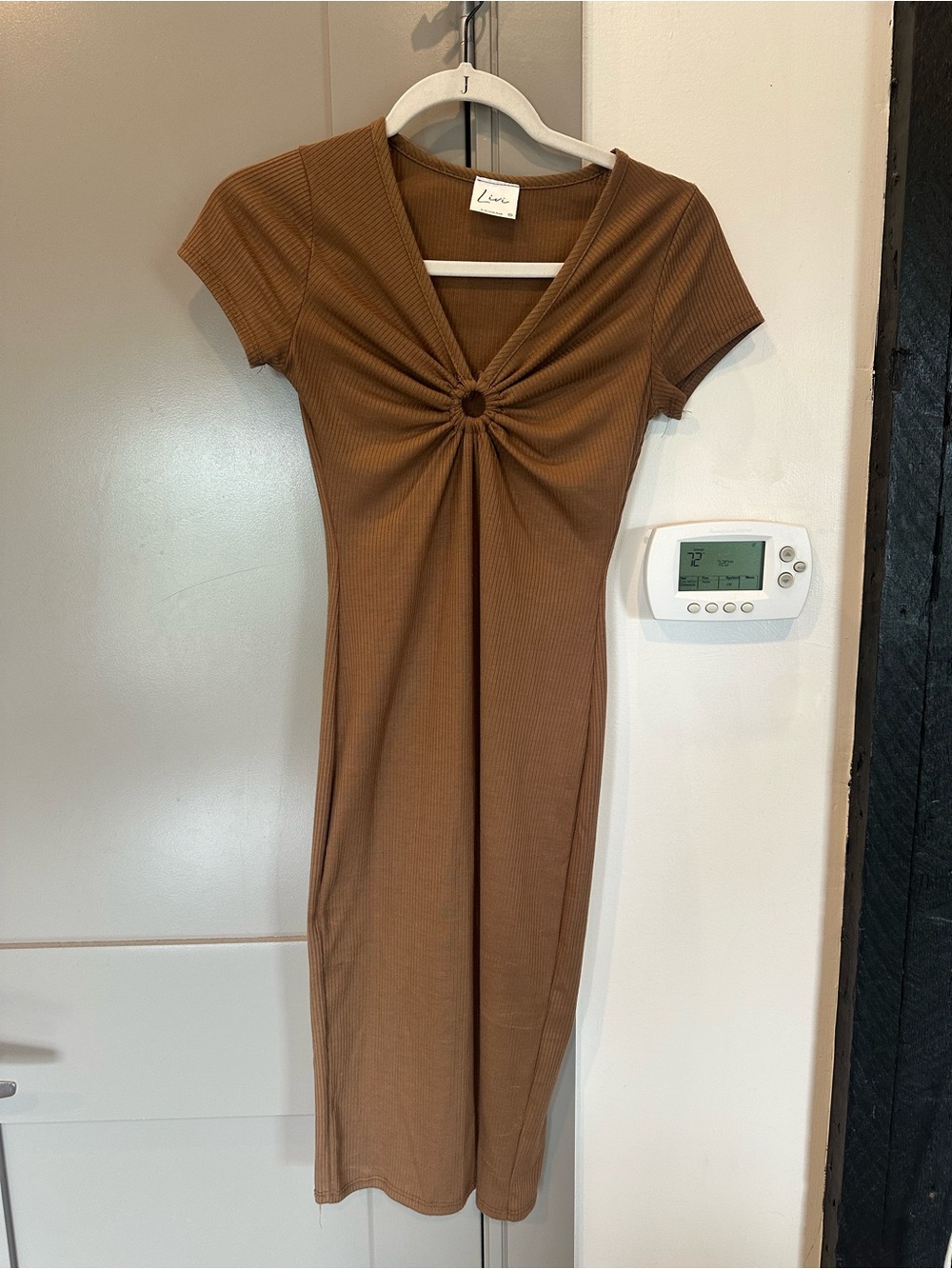 Brown Knot-Front Ribbed Midi Dress